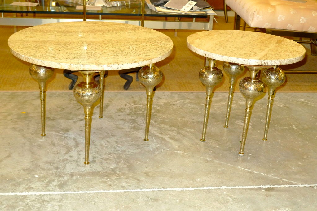 Travertine Round Top Side Table with Brass Legs 1
