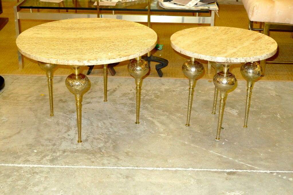 Travertine Round Top Side Table with Brass Legs 6