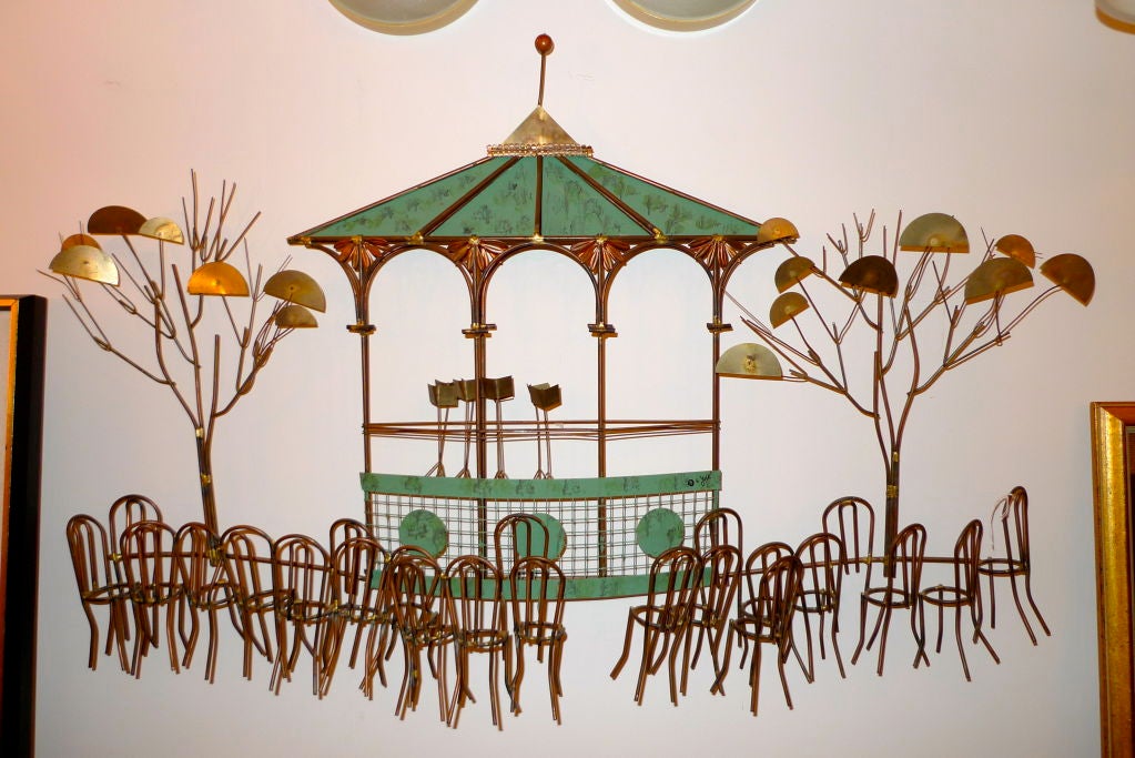 Early signed Curtis Jere wall hanging of a bandstand with gazebo for orchestra being faced by what look to be Thonet or Chiavari chairs