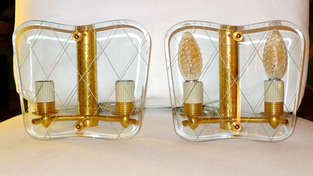 Absolutely the loveliest vintage 1950's Italian pair of diamond engraved curved glass Italian sconces by GCME.

Bent beveled glass shield with engraved cross-hatch diamond pattern.

We have a total of four pair available.  Price shown is for one