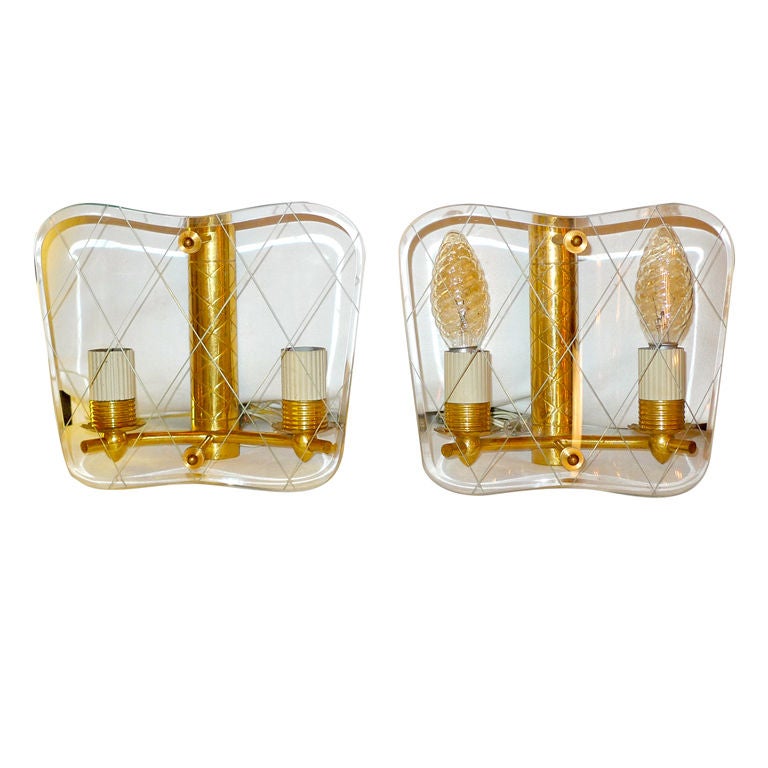 Pair of G.C.M.E. Diamond Engraved Curved Glass Italian Sconces For Sale