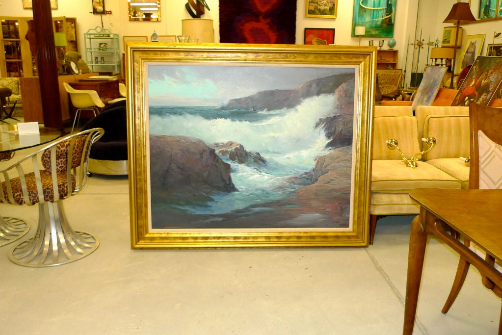 American Classical Large Scale Painting Crashing Waves Ocean Bluffs by Roger Curtis