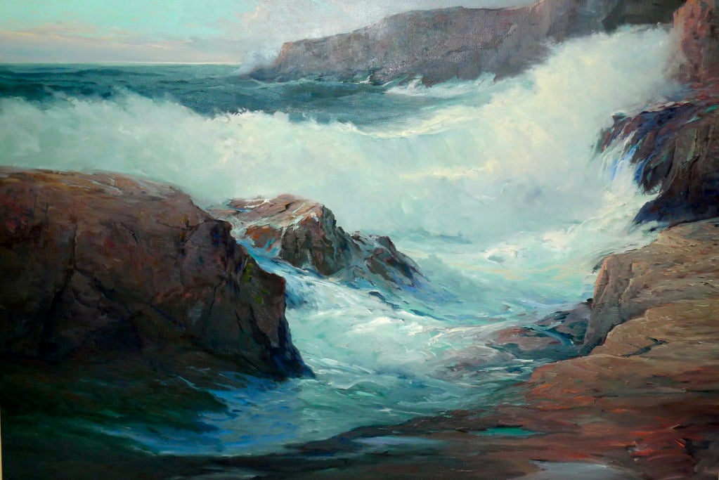 Large Scale Painting Crashing Waves Ocean Bluffs by Roger Curtis In Excellent Condition In Hanover, MA