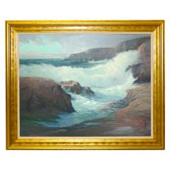 Vintage Large Scale Painting Crashing Waves Ocean Bluffs by Roger Curtis