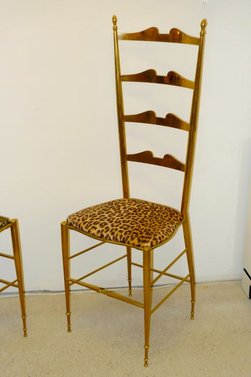 Mid-20th Century Pair of Brass Chiavari Ladder Back Chairs For Sale