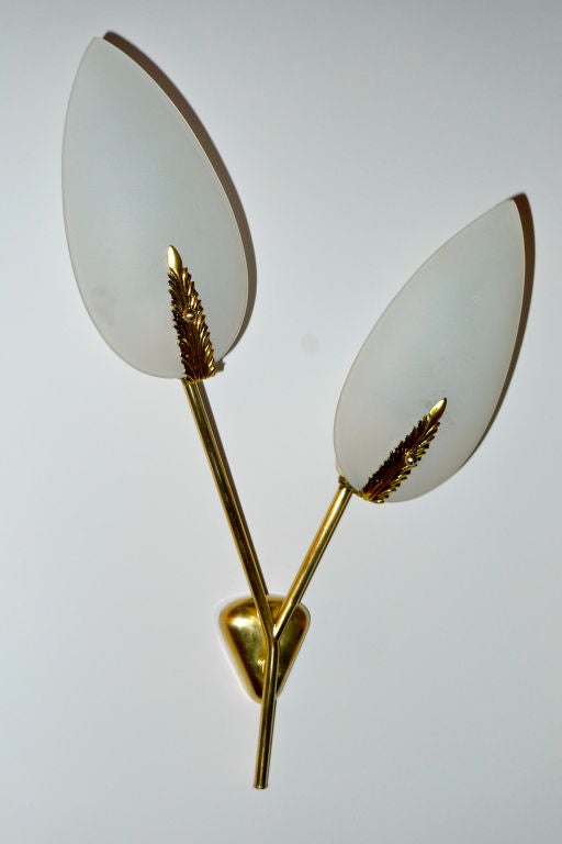 A matching pair of 1950's Italian Brass & Opaline Glass Double Leaf Sconces