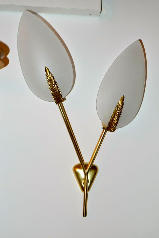 1950's Italian Brass & Opaline Glass Double Leaf Sconces 1