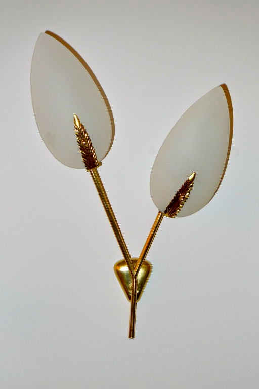 1950's Italian Brass & Opaline Glass Double Leaf Sconces 2