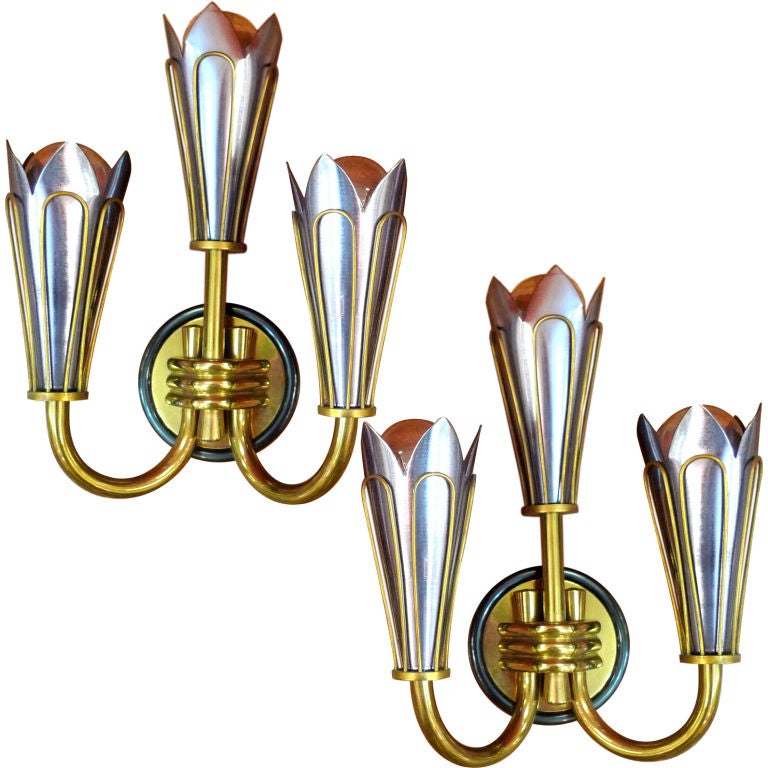Pair of French Brass & Aluminum 3 Candle Sconces