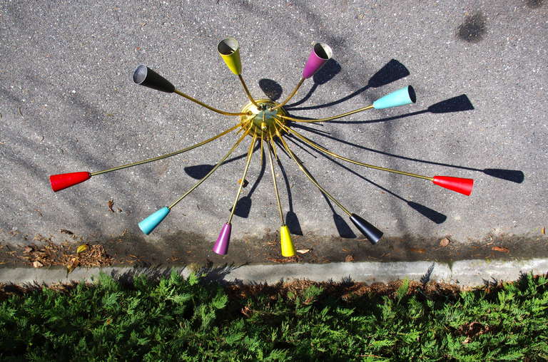 French 1950's Colorful Sputnik Flush Mount Chandelier