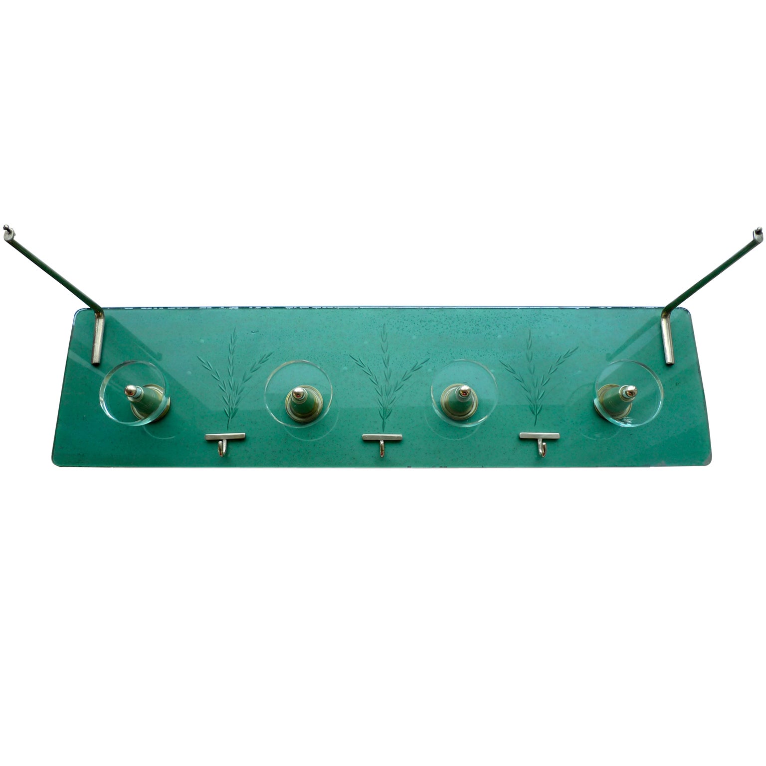 1940's Italian Etched Green Glass & Brass Coat Rack  For Sale