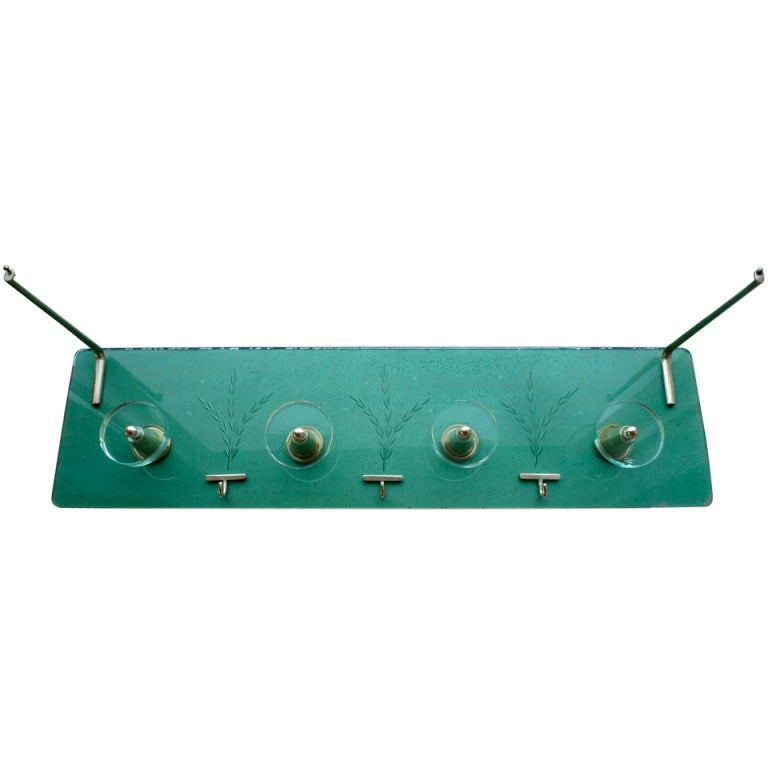 1940's Italian Etched Green Glass & Brass Coat Rack