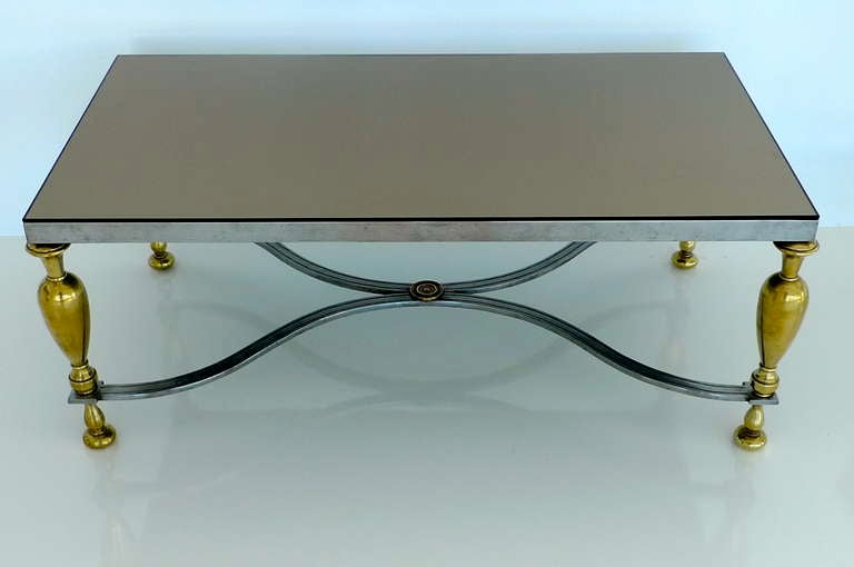 Mid-20th Century Vintage Classic Steel & Brass Cocktail Table with Bronze Mirror Top For Sale