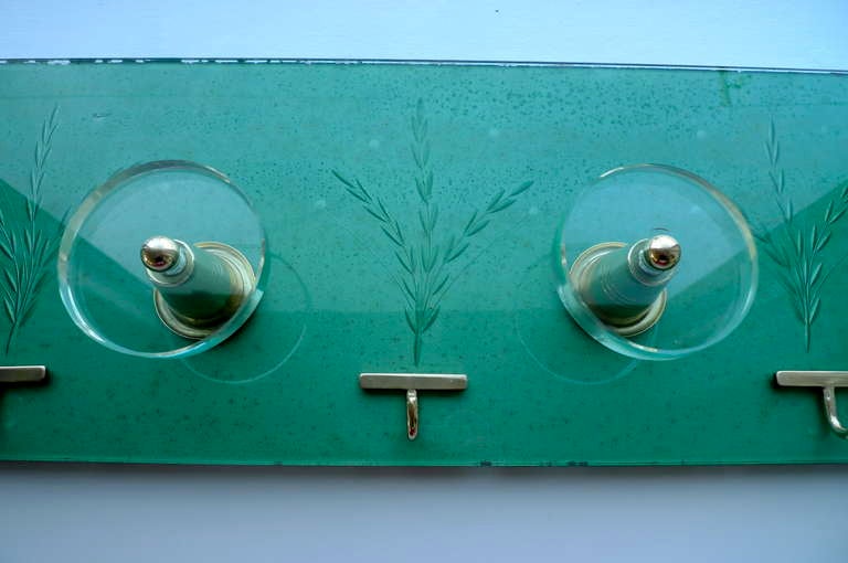 1940's Italian Etched Green Glass & Brass Coat Rack  In Good Condition For Sale In Hanover, MA