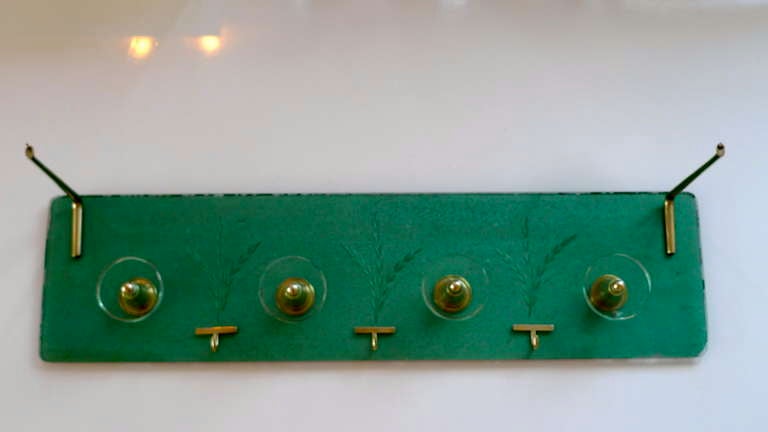 Mid-Century Modern 1940's Italian Etched Green Glass & Brass Coat Rack  For Sale