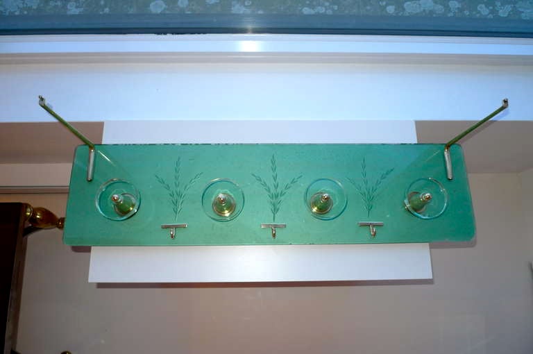 Mid-20th Century 1940's Italian Etched Green Glass & Brass Coat Rack  For Sale