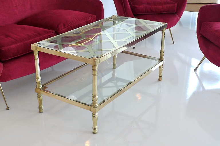 Brass Fretwork and Glass Two-Tier Cocktail Table In Good Condition For Sale In Hanover, MA