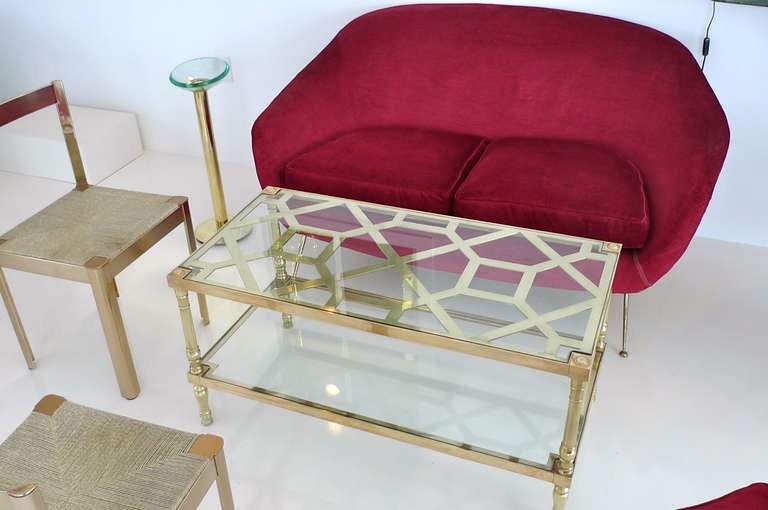 Mid-Century Modern Brass Fretwork and Glass Two-Tier Cocktail Table For Sale