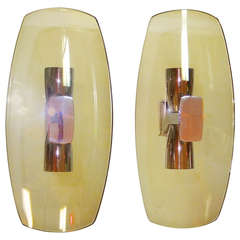 Pair of 1960's Italian Smoked Glass & Chrome Sconces by Veca