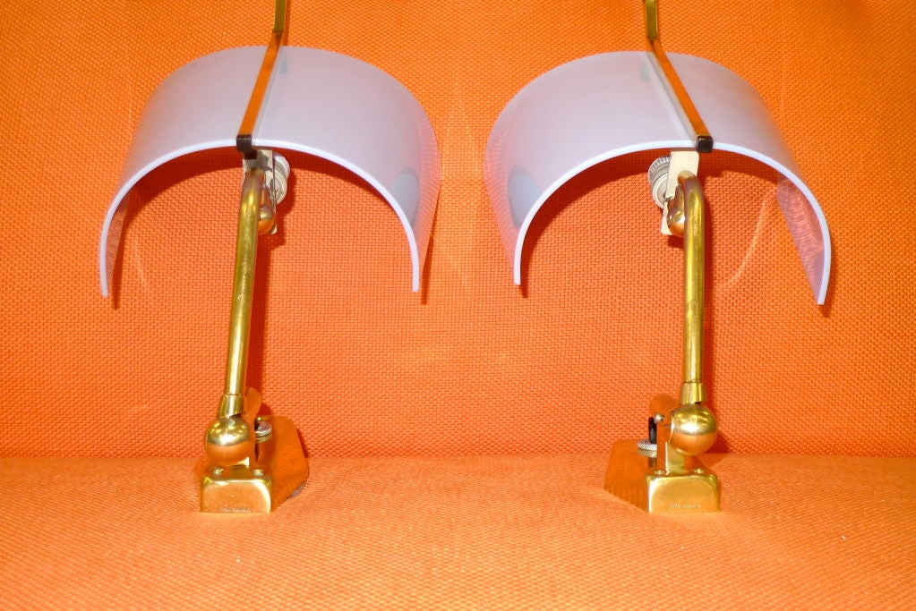 Italian Pair of Stilnovo Articulating Brass & Blue Plexi Sconces