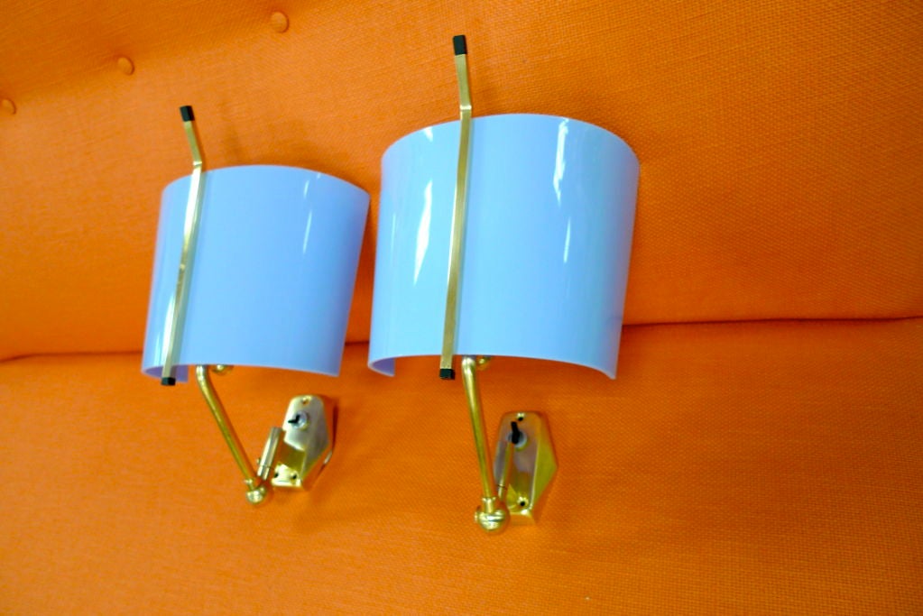 Pair of Stilnovo Articulating Brass & Blue Plexi Sconces 2