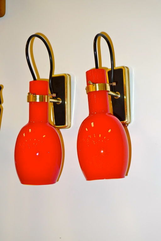 Italian Pair of Vistosi Red Glass & Brass Sconces For Sale