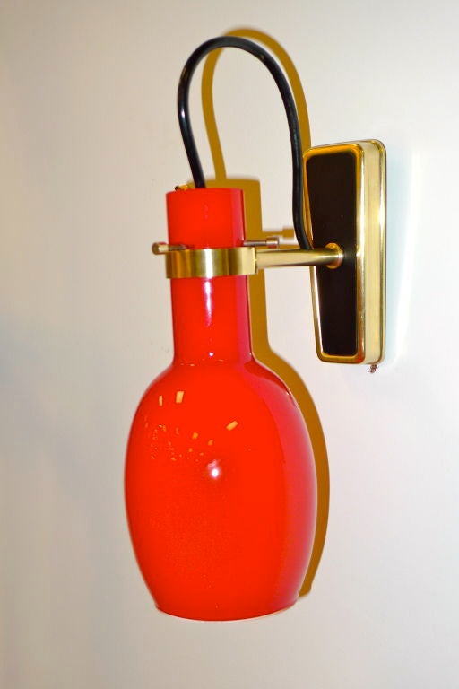 Mid-20th Century Pair of Vistosi Red Glass & Brass Sconces For Sale