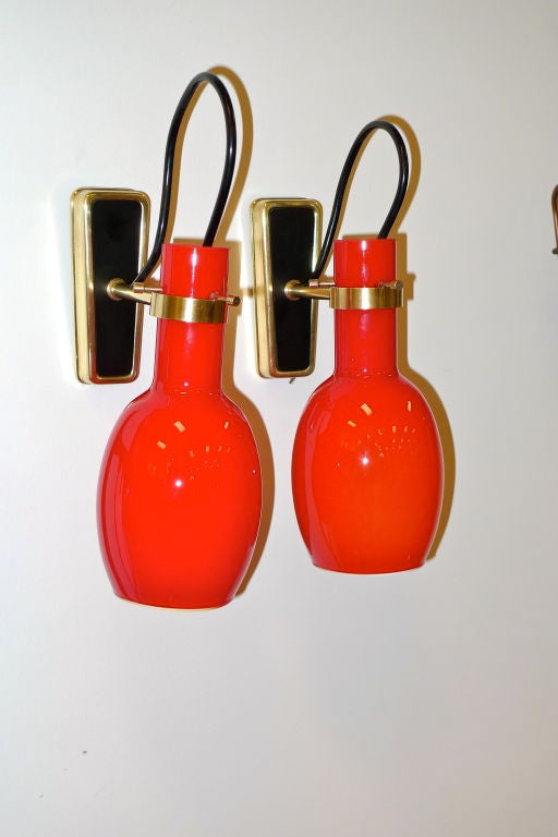 Pair of Vistosi Red Glass & Brass Sconces For Sale 1