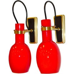 Pair of Vistosi Red Glass & Brass Sconces