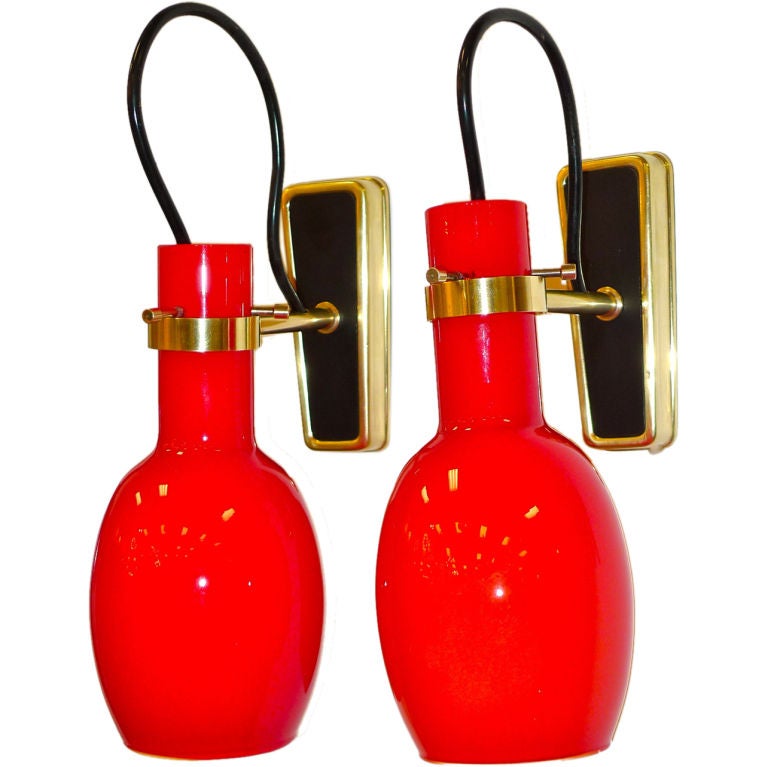 Pair of Vistosi Red Glass & Brass Sconces For Sale