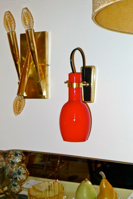 Pair of Vistosi Red Glass & Brass Sconces For Sale 5