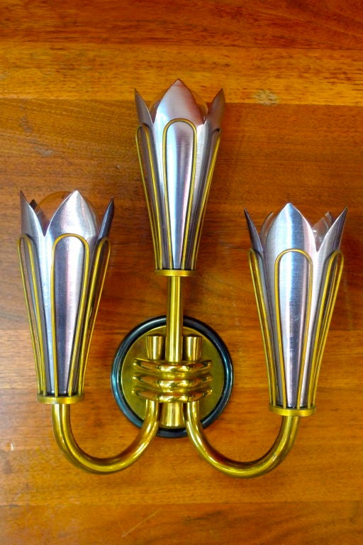 Mid-20th Century Pair of French Brass & Aluminum 3 Candle Sconces For Sale
