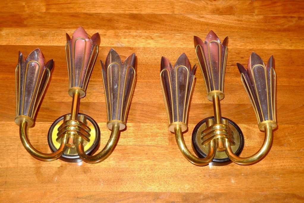 Pair of French Brass & Aluminum 3 Candle Sconces For Sale 1