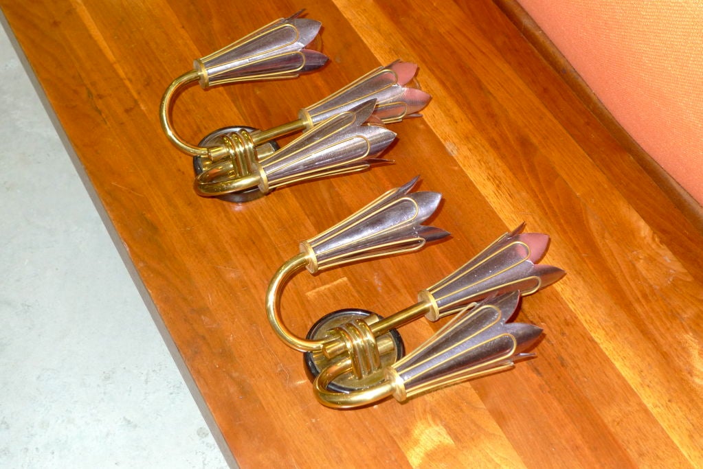 Pair of French Brass & Aluminum 3 Candle Sconces For Sale 2
