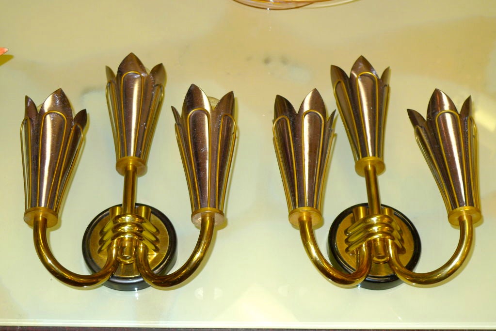 Pair of French Brass & Aluminum 3 Candle Sconces For Sale 3