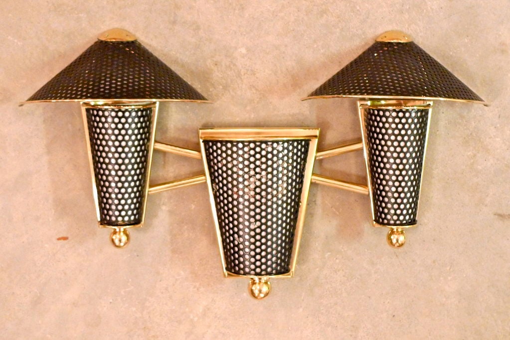 Brass Rare Jacques Biny Perforated Metal Wall Sconce