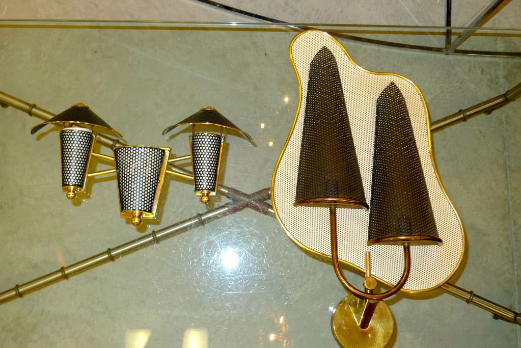 Brass Three Light Wall Sconce Attributed to Jacques Biny For Sale