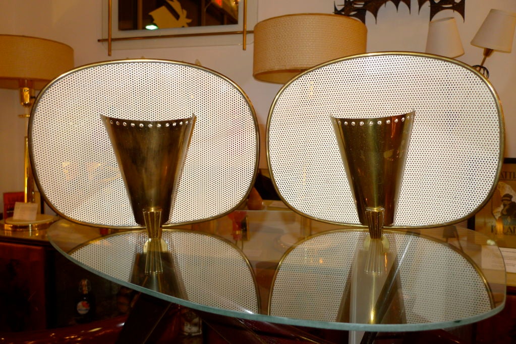 Mid-20th Century Pair of French Perforated Metal & Brass Modernist Sconces
