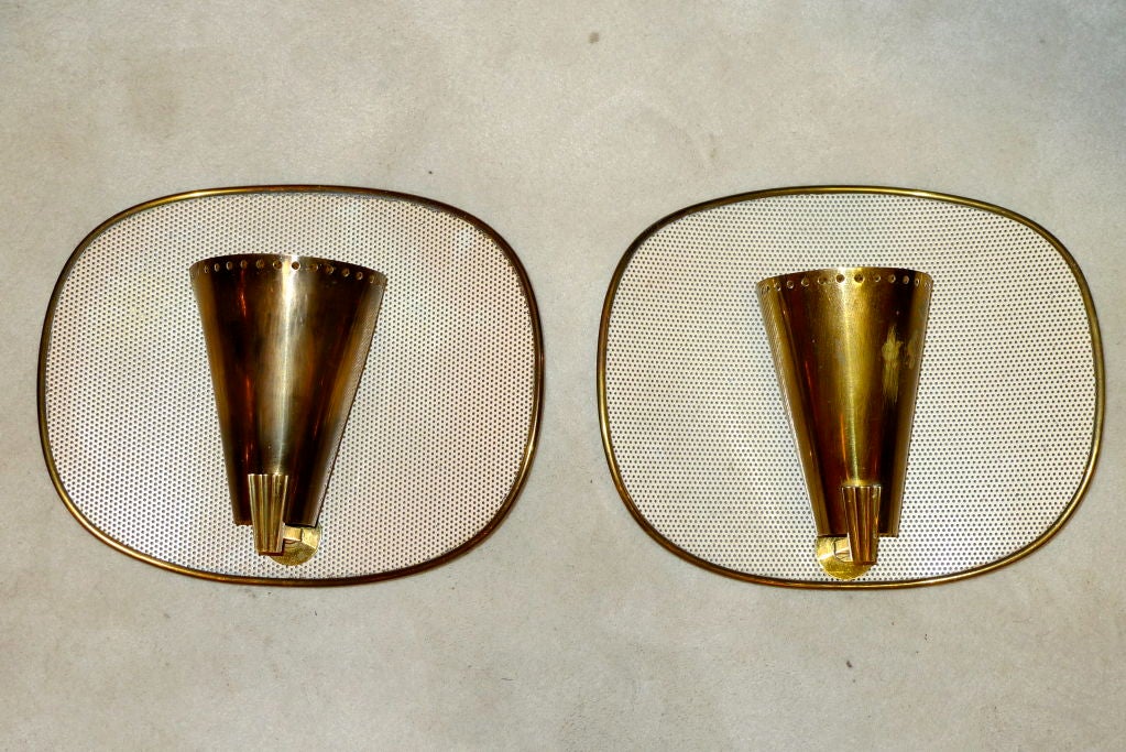 Pair of French Perforated Metal & Brass Modernist Sconces 5