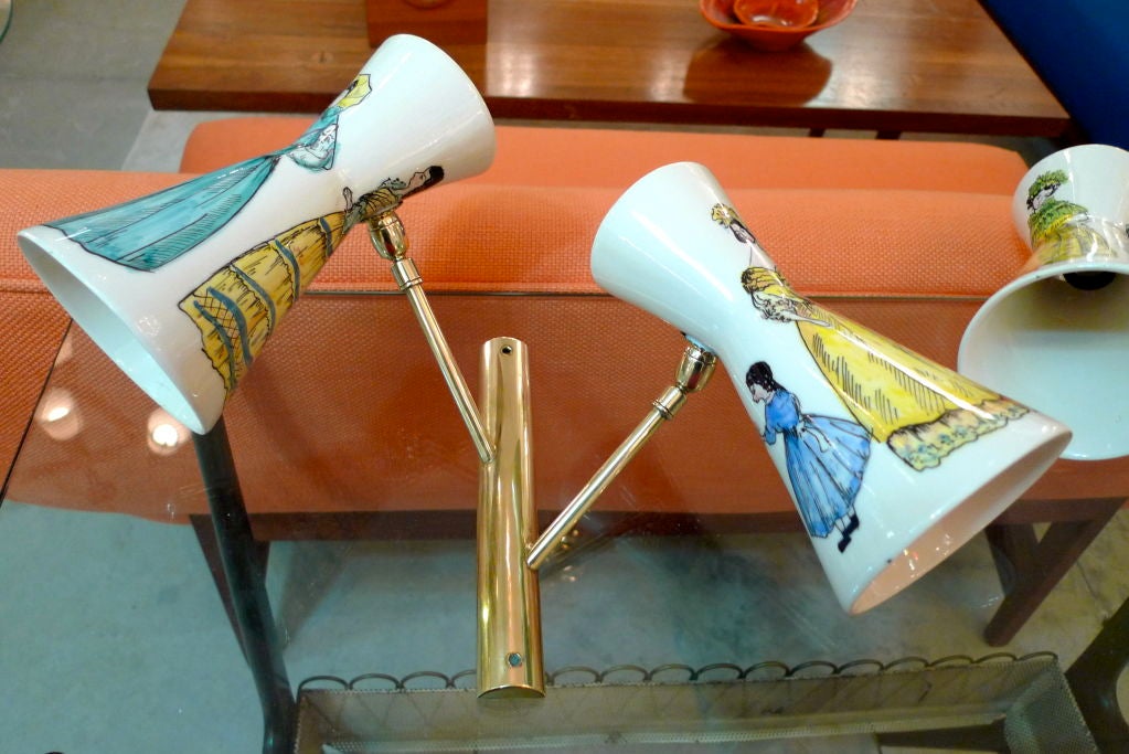 Pair of Painted Ceramic Double Sconces with Fancy Ladies 3
