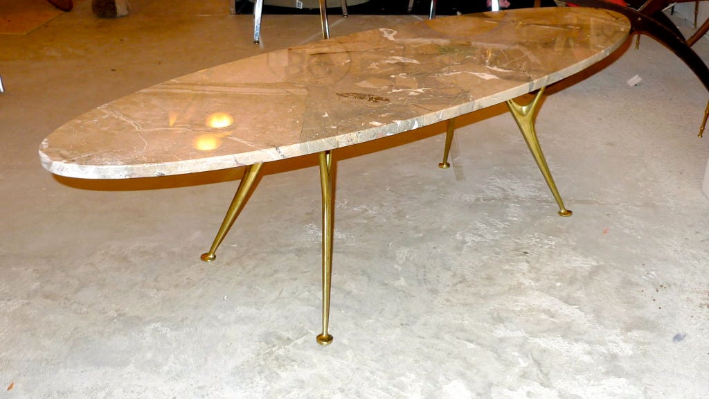 Mid-Century Modern Elliptical Italian Marble Cocktail Table with Cast Solid Bronze Legs For Sale