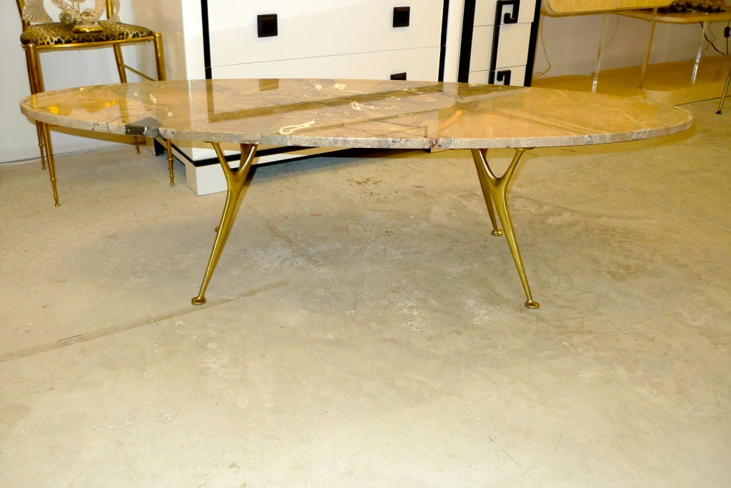 Elliptical Italian Marble Cocktail Table with Cast Solid Bronze Legs In Excellent Condition For Sale In Hanover, MA