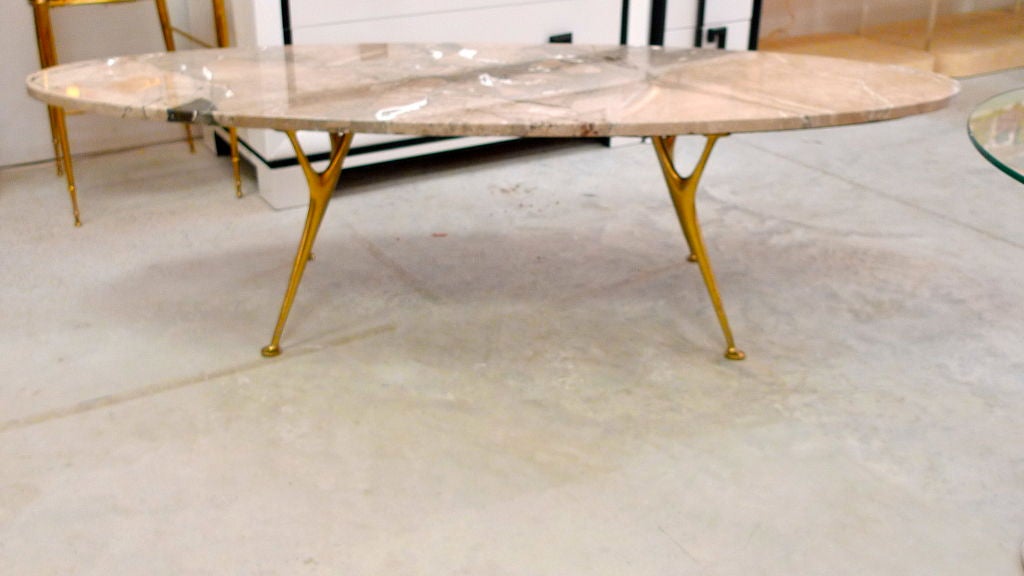 Contemporary Elliptical Italian Marble Cocktail Table with Cast Solid Bronze Legs For Sale