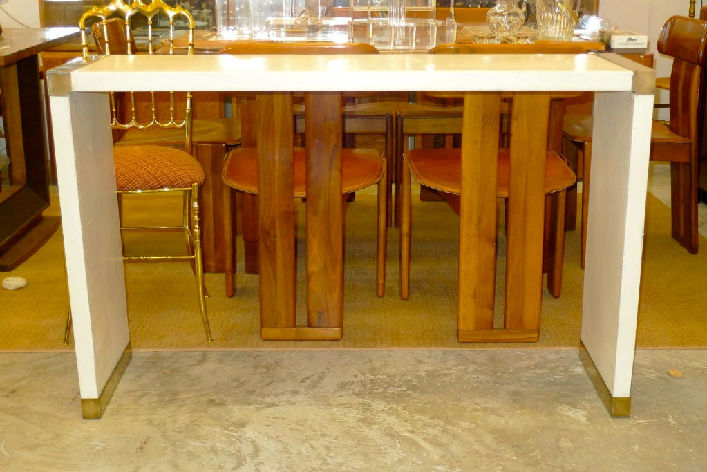 White Leather & Brass Console Table by Robert Lemariey