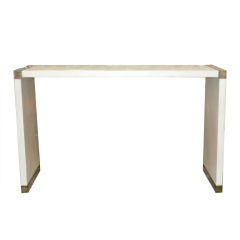 White Leather & Brass Console Table by Robert Lemariey