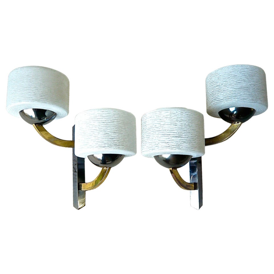 Pair of Gunmetal & Brass Sconces by Maison Lunel