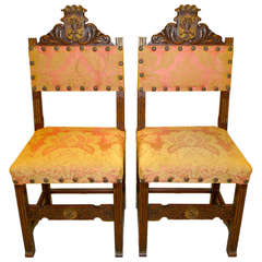 Pair of Carved Spanish Hall Chairs in Original Vintage Fortuny 12