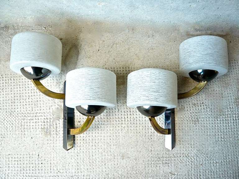 French Pair of Gunmetal & Brass Sconces by Maison Lunel