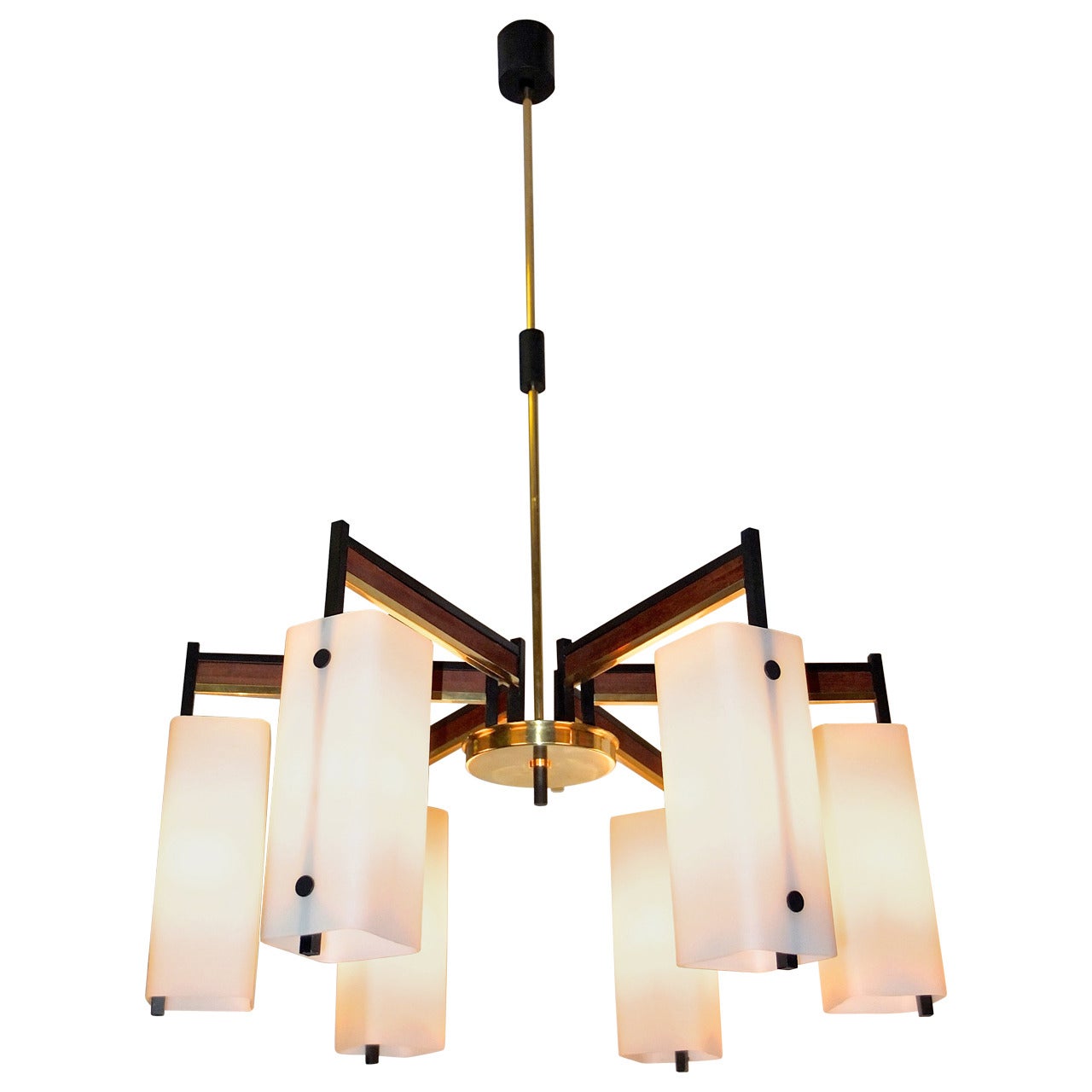 Stilnovo Attributed Six Arm Chandelier with Opaline Box Shades For Sale