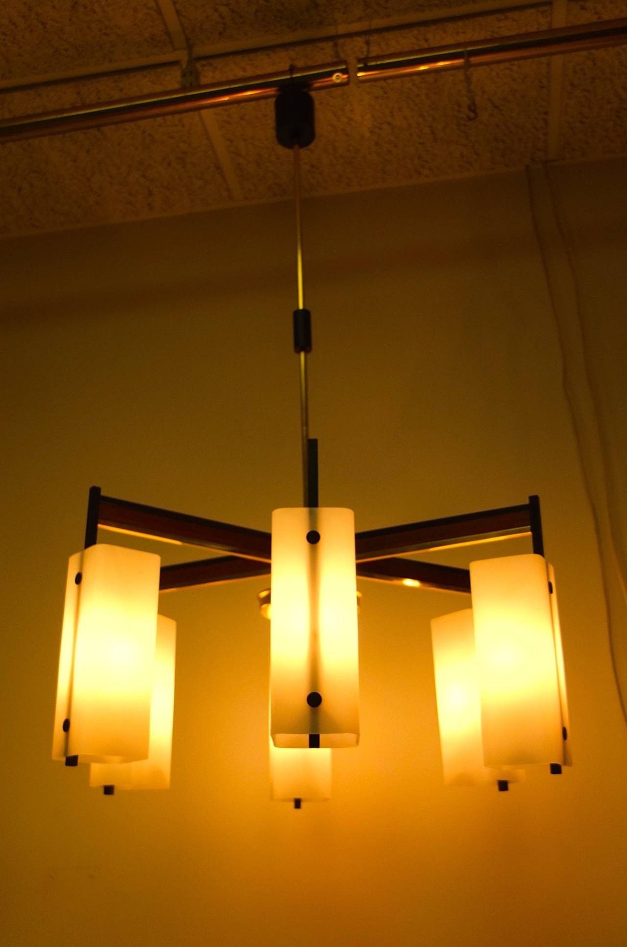 Mid-20th Century Stilnovo Attributed Six Arm Chandelier with Opaline Box Shades For Sale